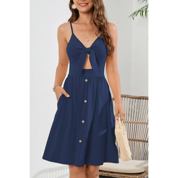 🆕Women Navy Floral Beach Sundress V Neck Cotton Tie Knot Summer Dress w/ Pocket - Picture 3 of 6